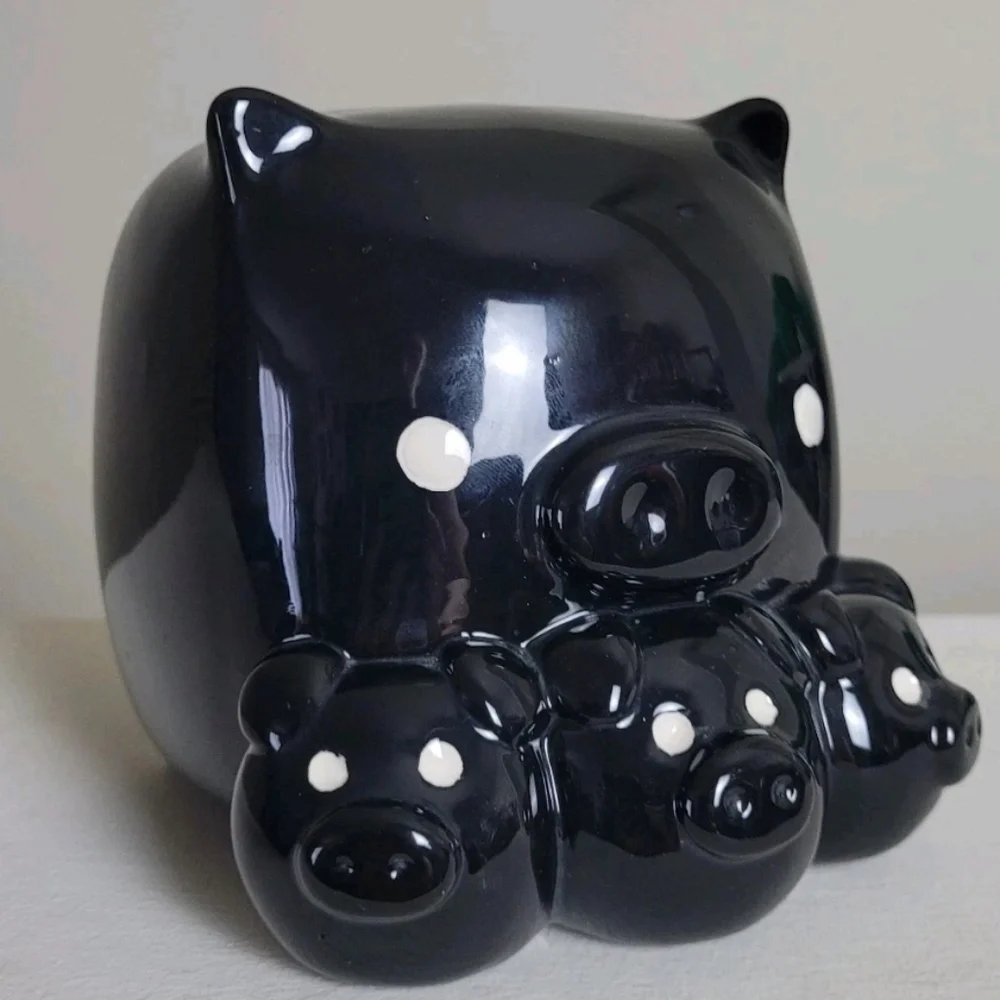 Y2K Piggy Coin Bank Black Pig Mom 3 Baby Pigs Square Whimsical Farmhouse pop art